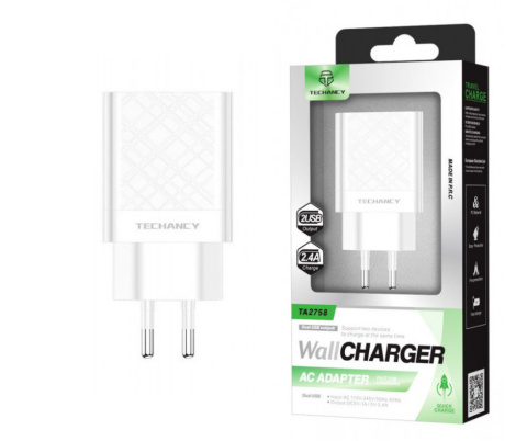 Ładowarka sieciowa Adapter Quick Charge  2,4A BIAŁA USB 2x TECHANCY TA2758