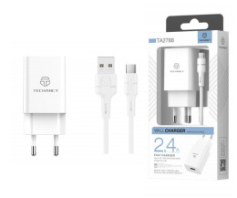 Ładowarka z kablem USB typu C 2,4A BIAŁA 1m TECHANCY TA2788